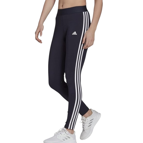 Adidas Womens Tight Fit Leggings Sm Black White 3 Stripe Logo Pants Stretch - Picture 1 of 8